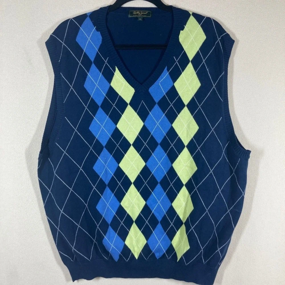 Bobby Jones Mens Sweater Vest XXL Navy Argyle Golf Dark Academia Grandpacore